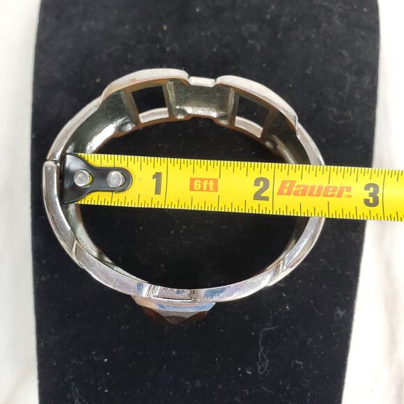 Silver Tone Clamp Bracelet 2" Brown Square Rhinestone - Picture 5 of 6